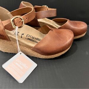 Birkenstock Cognac Mary Ring-Buckle Wedges